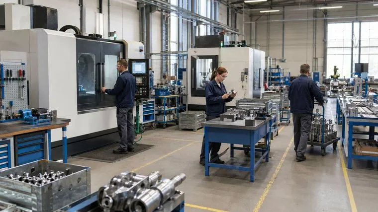 Industrie und Produktion: Fertigungshalle mit CNC-Maschinen und Mitarbeitenden