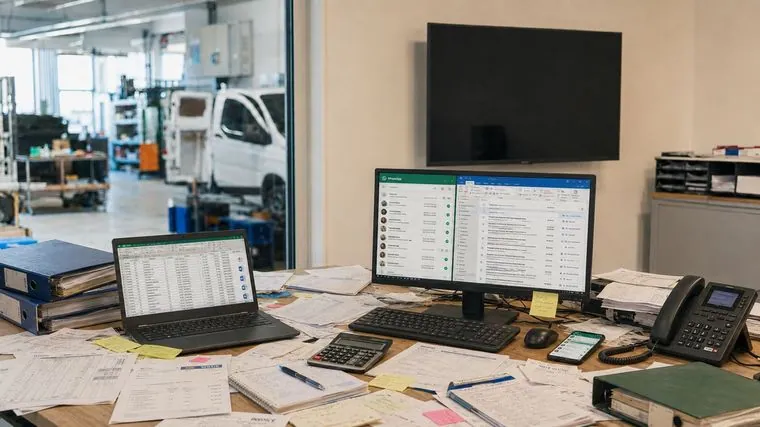 Dienstleistungsunternehmen: überladener Büroarbeitsplatz mit Excel und Mailflut